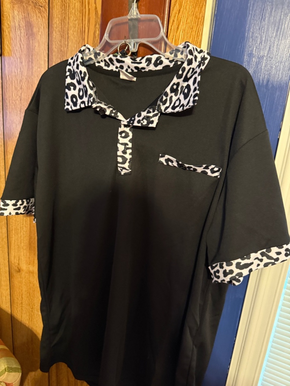 Black Women's Polo Top with White/Black Leopard Trim